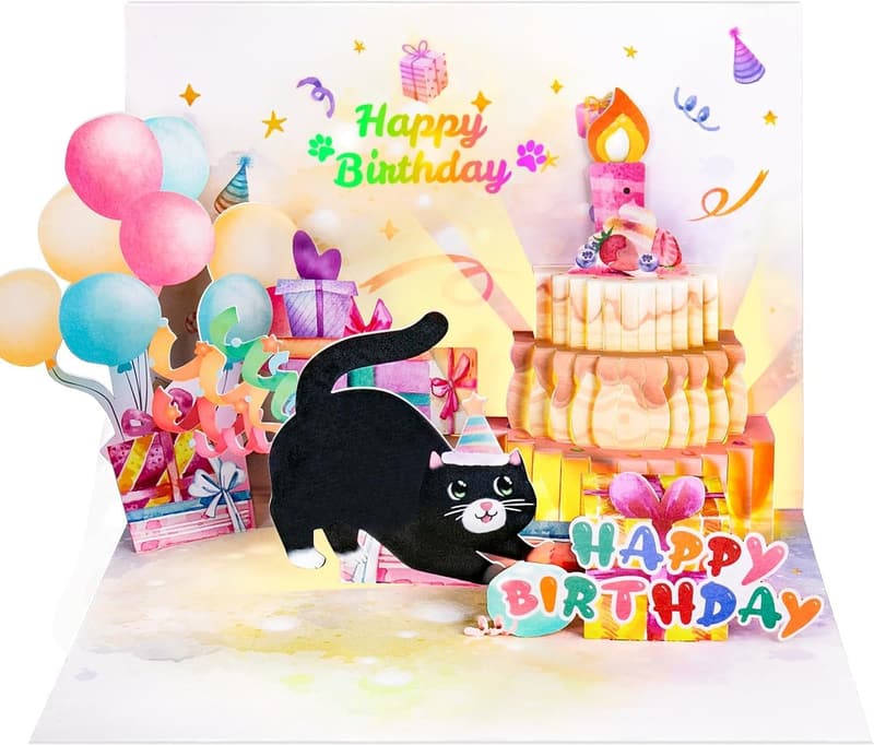 Funny Pop-Up Birthday Card with Lights & Music for Cat Lovers