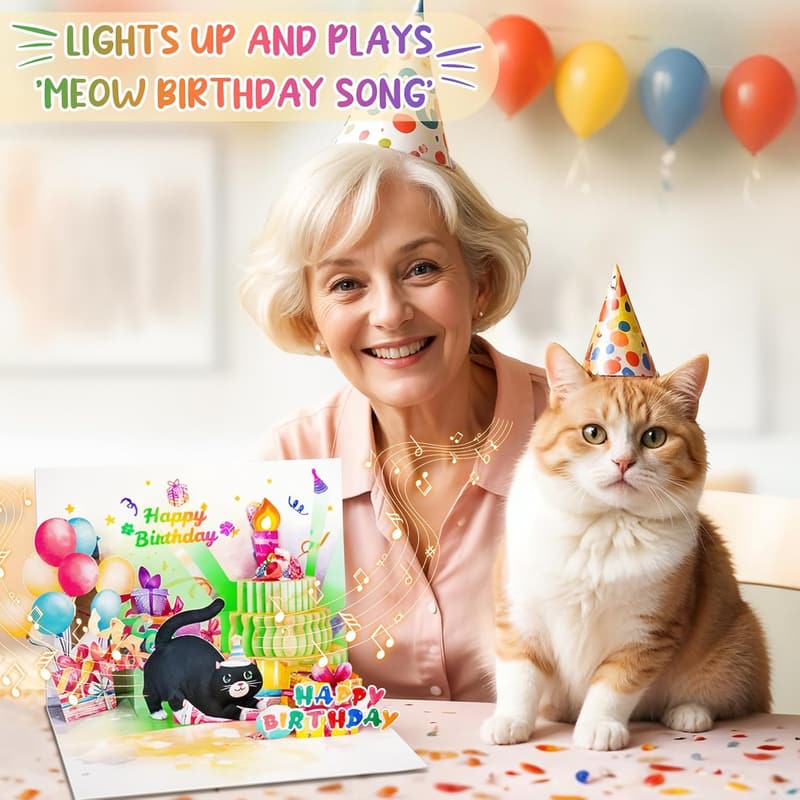 Funny Pop-Up Birthday Card with Lights & Music for Cat Lovers