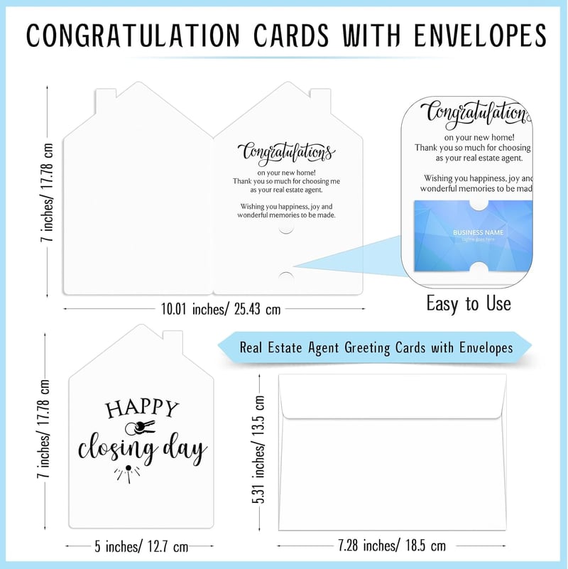 New Home Congratulations Card Set - 25 House-Shaped Cards with Envelopes