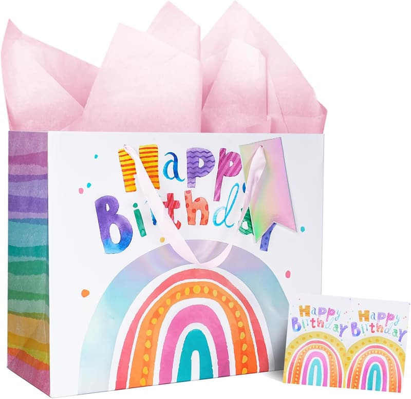 Rainbow Birthday Gift Bag with Tissue Paper & Card for Kids