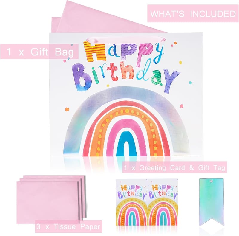 Rainbow Birthday Gift Bag with Tissue Paper & Card for Kids