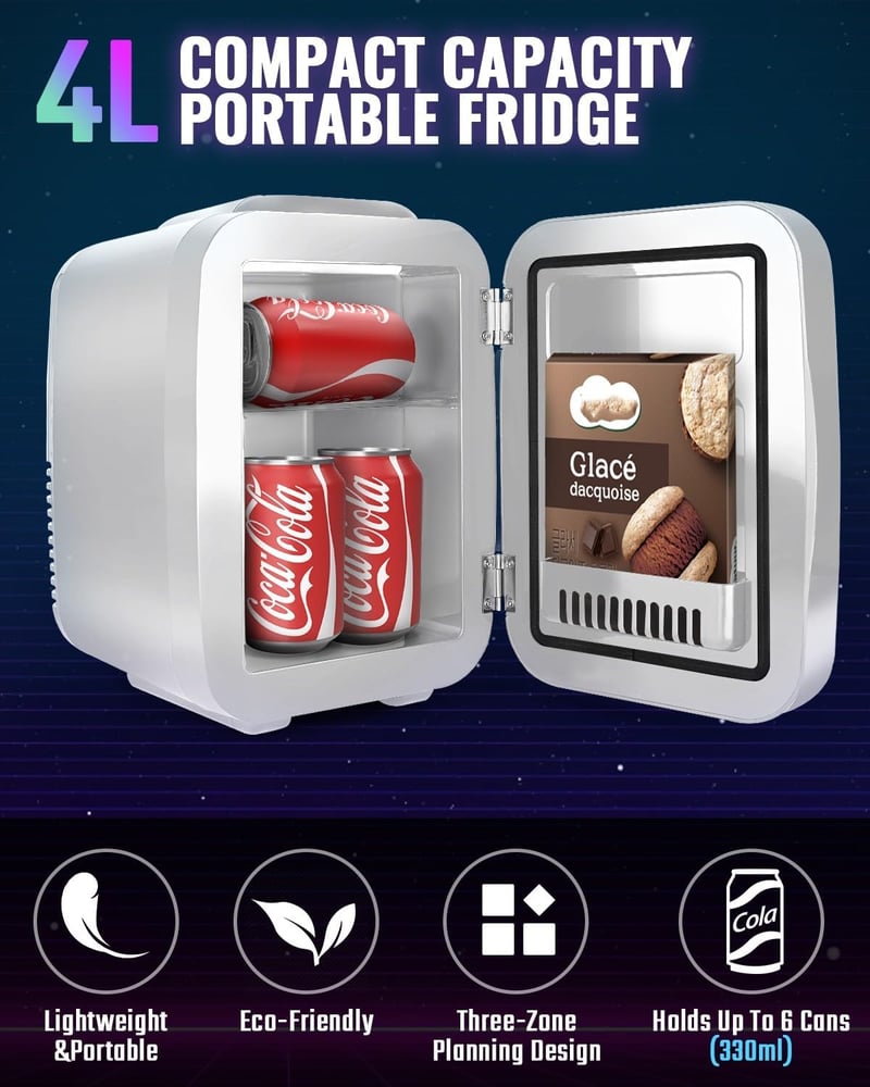 Portable 4L Mini Fridge with Dimmable LED Light - Ideal for Gaming and Office