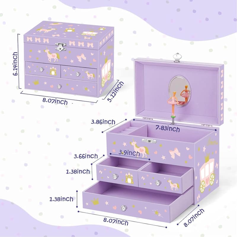 Unicorn Music Box with Jewelry Set for Girls Age 3-8