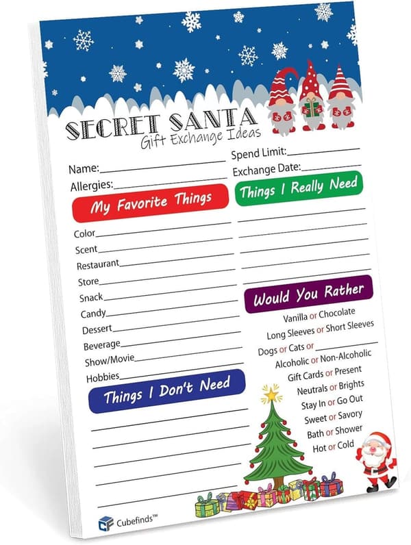 Christmas Gift Exchange Ideas - 25 Pack, 5x7-inch Cards
