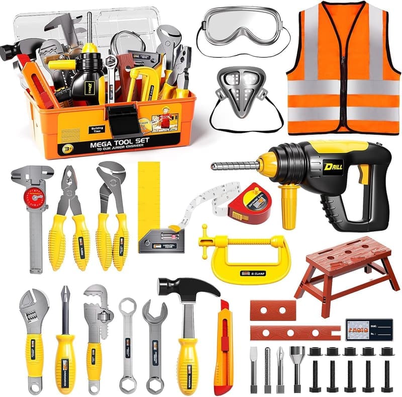 Kids' Construction Tool Set with Toy Drill and Toolbox, Ages 3-5