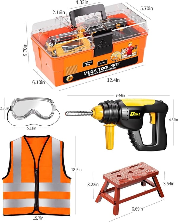 Kids' Construction Tool Set with Toy Drill and Toolbox, Ages 3-5