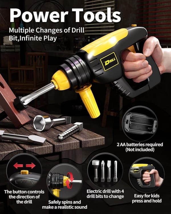 Kids' Construction Tool Set with Toy Drill and Toolbox, Ages 3-5