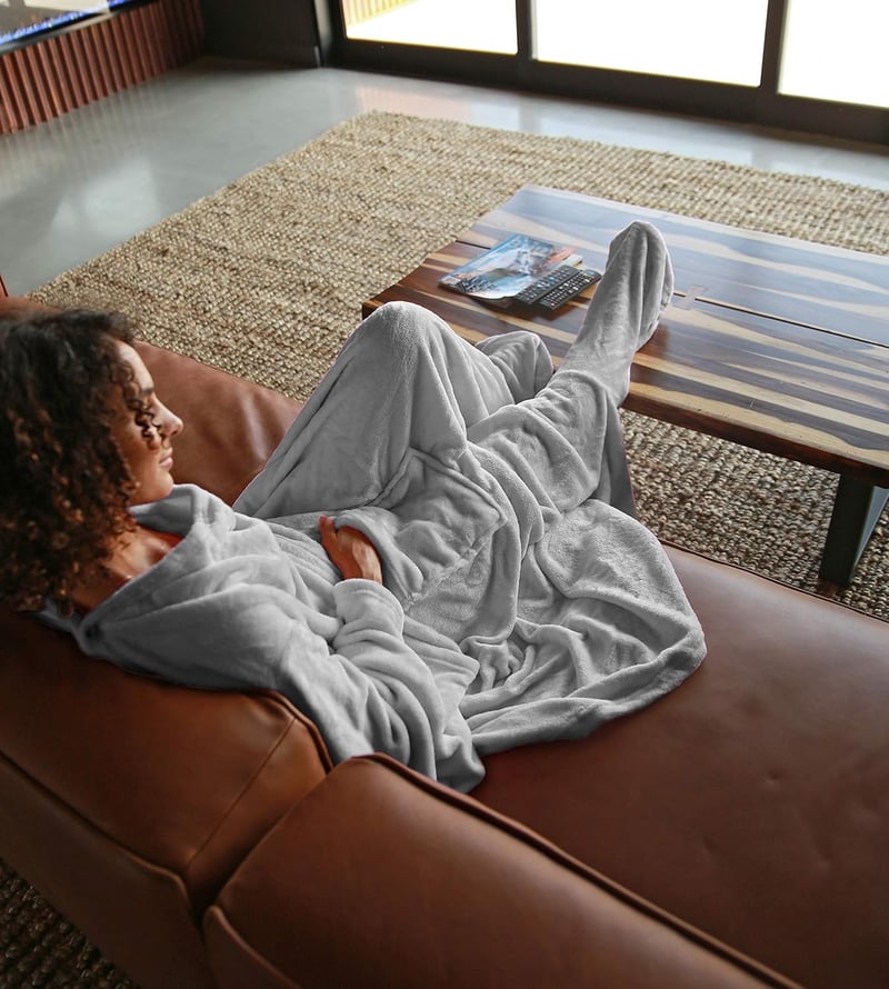 Wearable Fleece Blanket with Sleeves and Foot Pockets, Grey