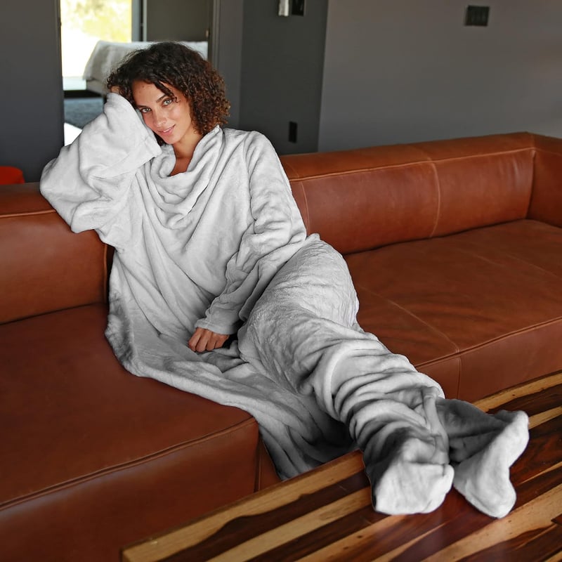 Wearable Fleece Blanket with Sleeves and Foot Pockets, Grey