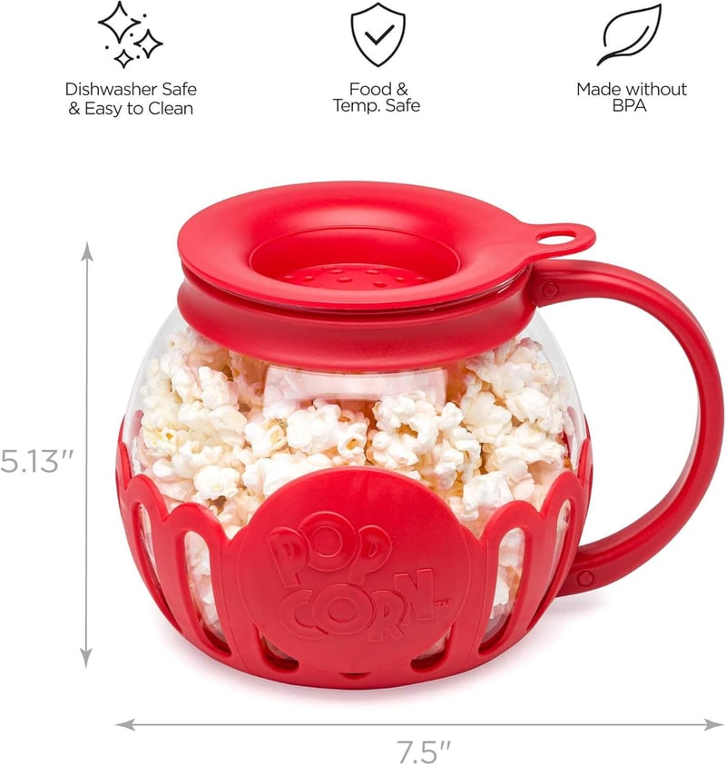 Microwave Popcorn Popper, BPA-Free Glass, 1.5-Quart, Red