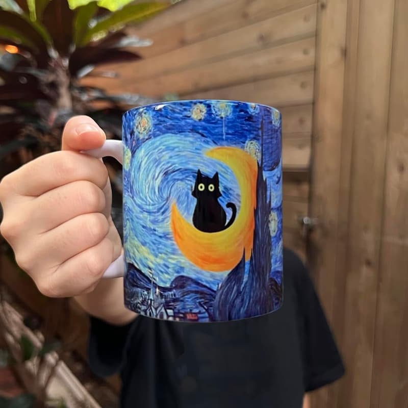 Starry Night Cat Mug for Artists and Cat Lovers