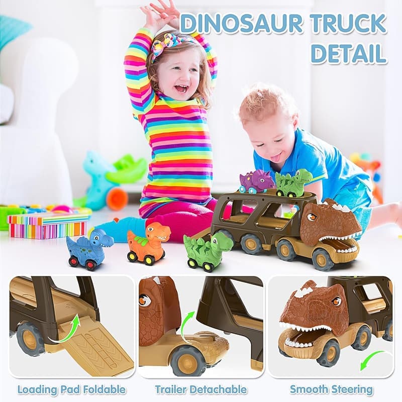 Dinosaur Car Carrier Truck Toy for Boys Age 2-5 with Sound