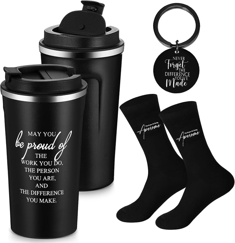 Employee Appreciation Gift Set for Men - 17 oz Stainless Steel Tumbler, Socks & Keychain