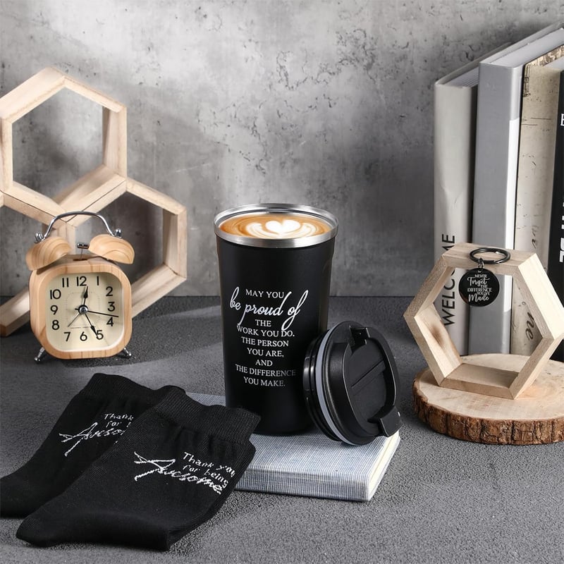 Employee Appreciation Gift Set for Men - 17 oz Stainless Steel Tumbler, Socks & Keychain