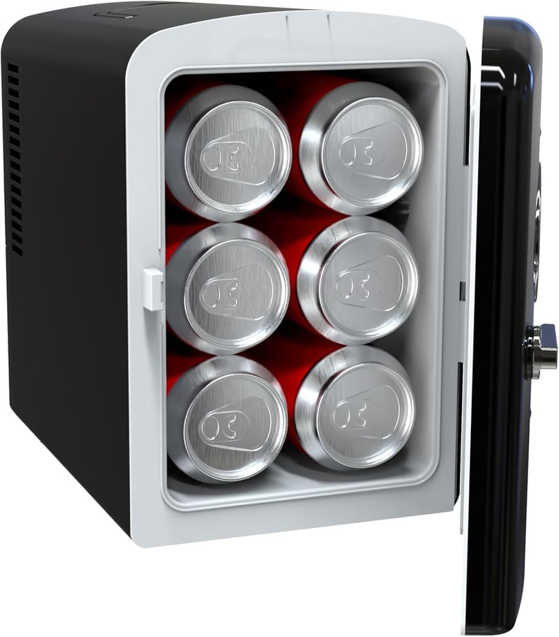 Portable Retro Mini Fridge Cooler - Holds 9 Cans, Black