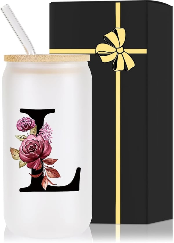 Monogrammed Glass Cup with Lid & Straw - Boss Gift