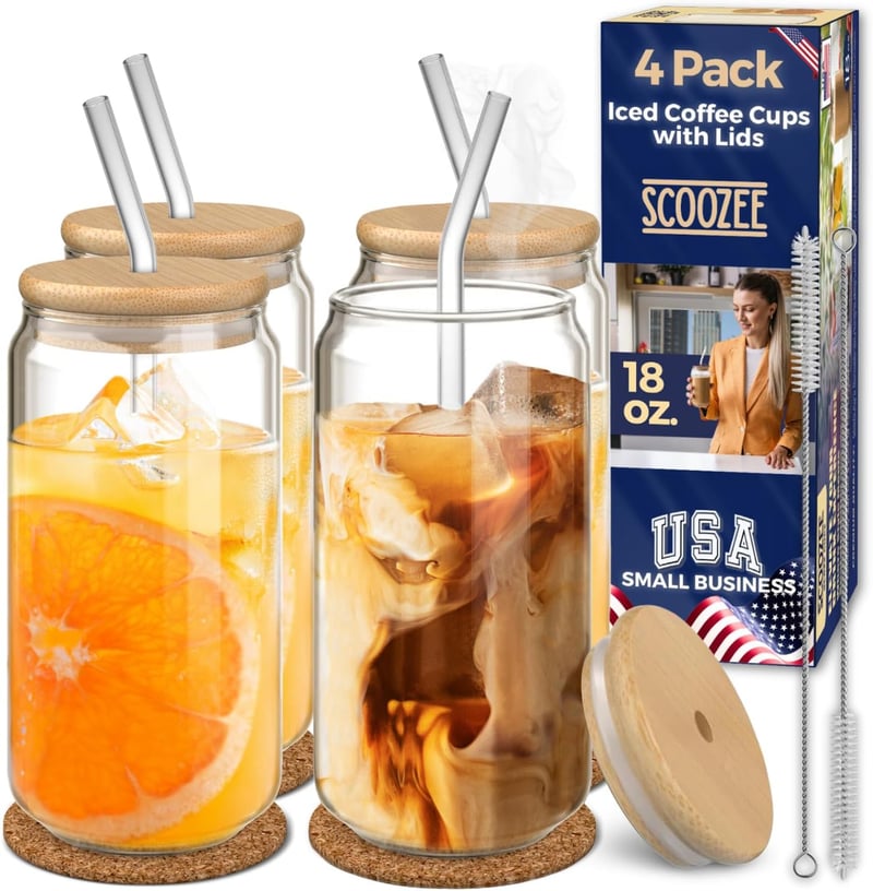 Iced Coffee Tumblers with Bamboo Lids & Straws - 18oz Set