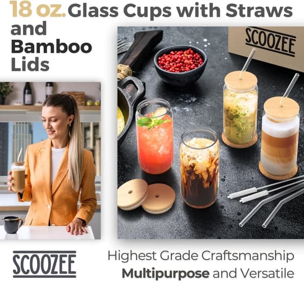 Iced Coffee Tumblers with Bamboo Lids & Straws - 18oz Set