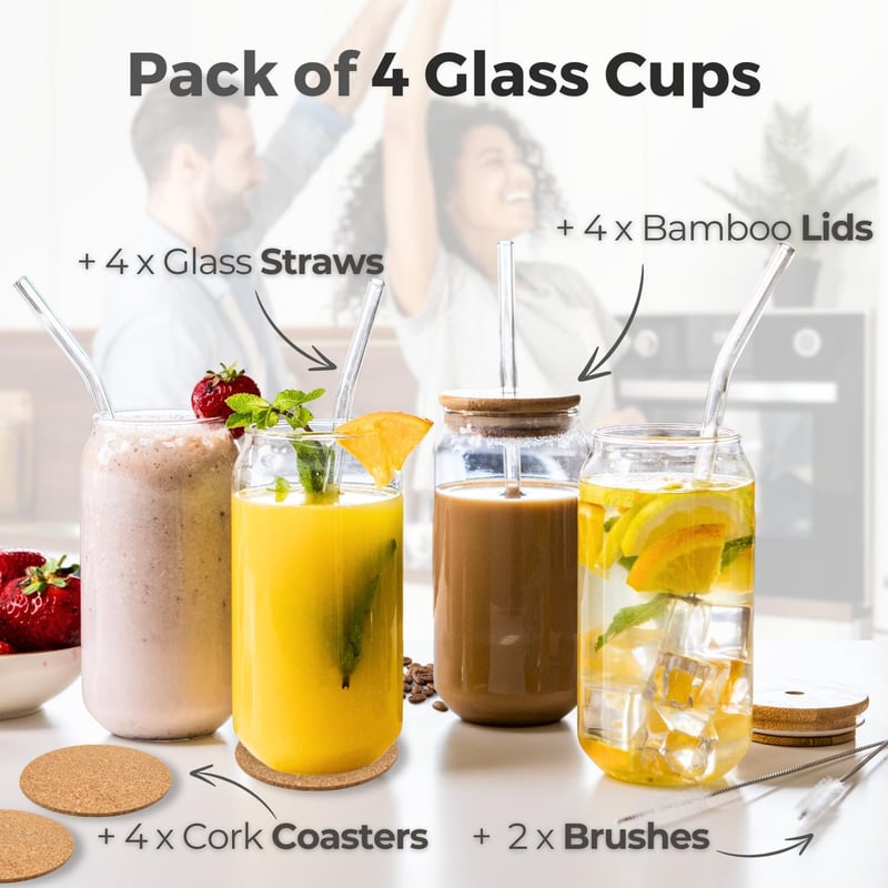 Iced Coffee Tumblers with Bamboo Lids & Straws - 18oz Set