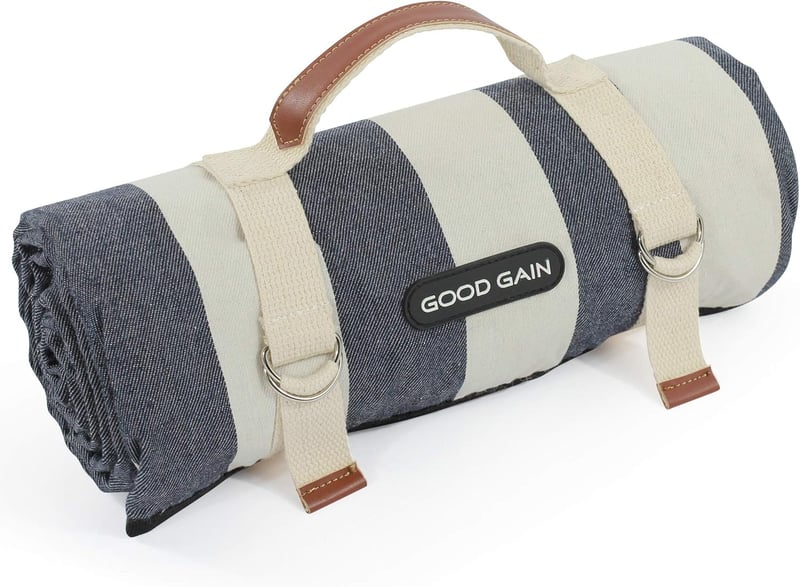 Waterproof Portable Picnic Blanket with Carry Strap - Denim Blue