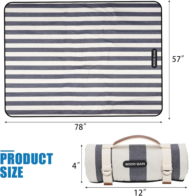 Waterproof Portable Picnic Blanket with Carry Strap - Denim Blue