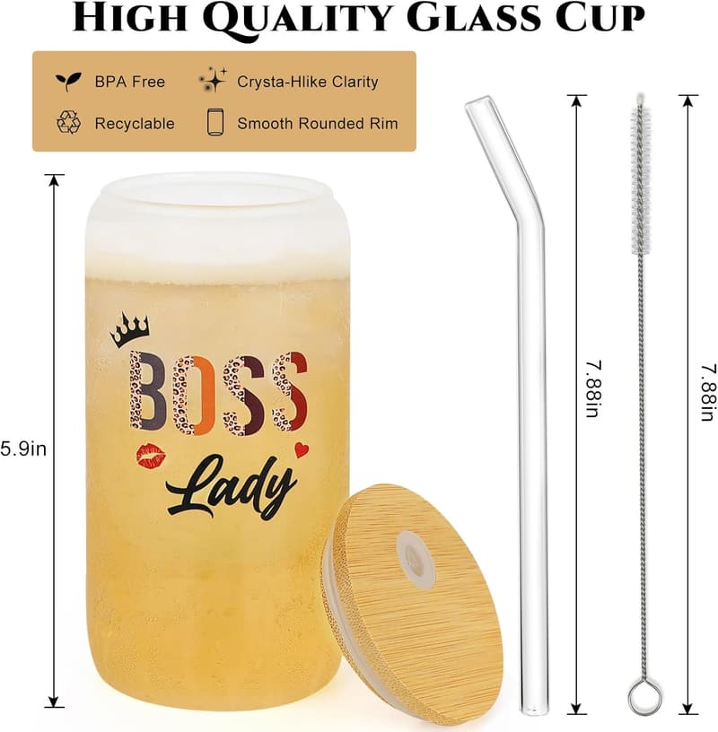 Boss's Day Gift: 16 oz Glass Cup with Lid for Women