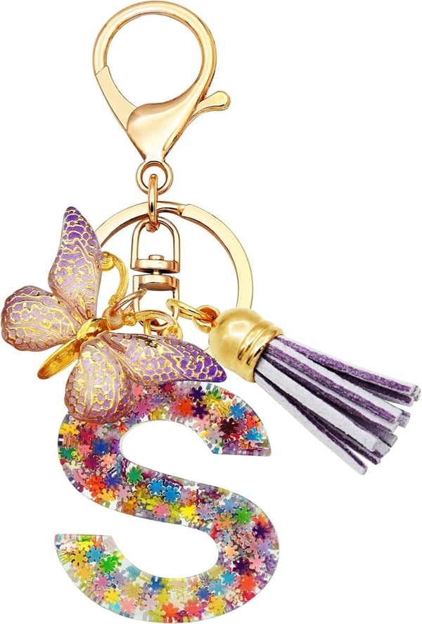 Christmas Initial Keychain with Purple Tassel for Women