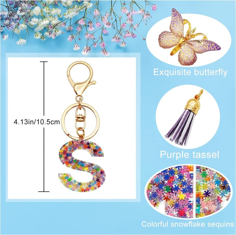 Christmas Initial Keychain with Purple Tassel for Women