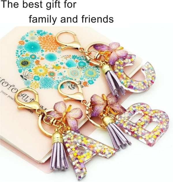 Christmas Initial Keychain with Purple Tassel for Women