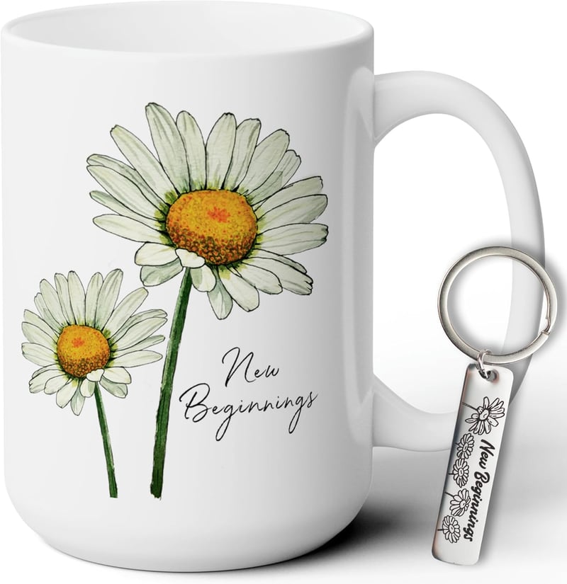 New Job Gifts: Daisy White Coffee Mug & Keychain Set for Women