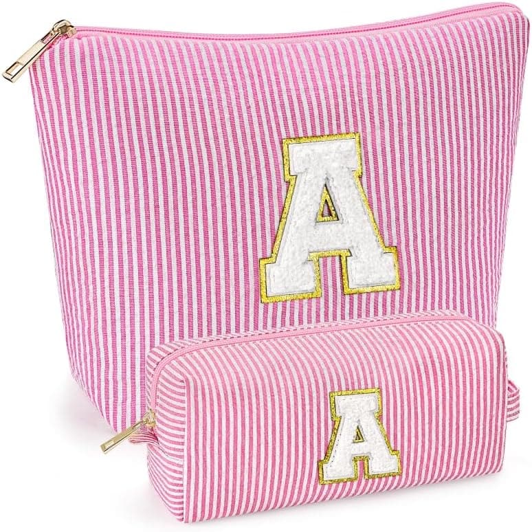 Pink Initial Makeup Bags - Travel Cosmetic Bags for Teens