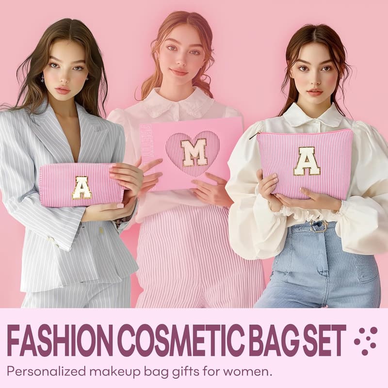Pink Initial Makeup Bags - Travel Cosmetic Bags for Teens