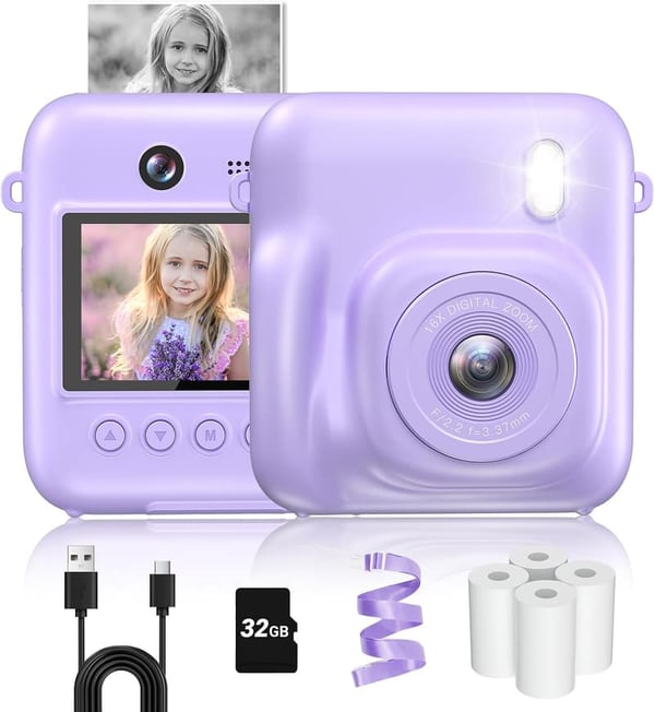 Kids Digital Instant Print Camera with Selfie Lens - 48MP, 32GB, Purple