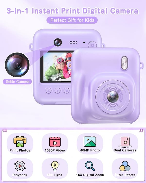 Kids Digital Instant Print Camera with Selfie Lens - 48MP, 32GB, Purple
