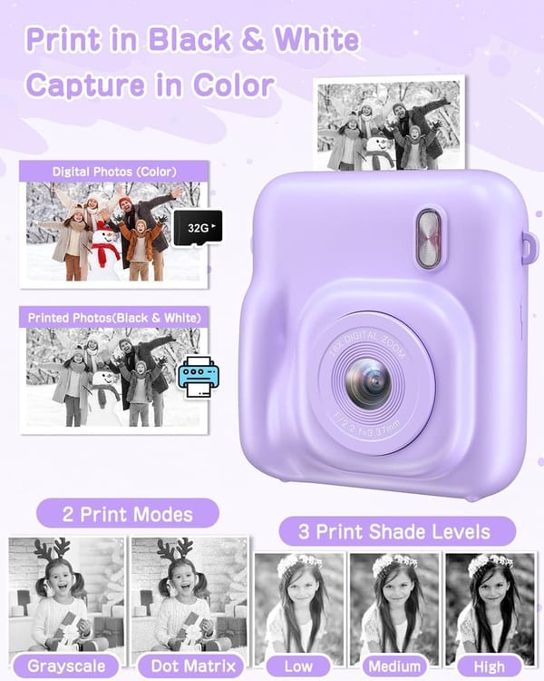 Kids Digital Instant Print Camera with Selfie Lens - 48MP, 32GB, Purple