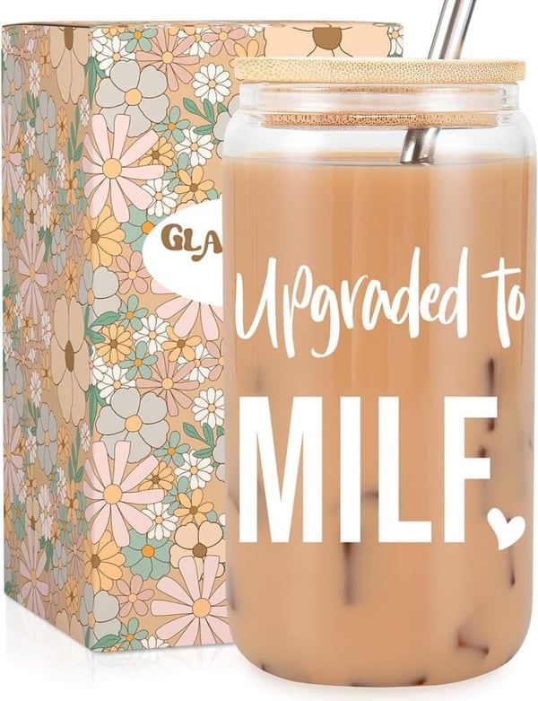 New Mom 16 oz Glass Cup with Lid & Straw - Funny Gift