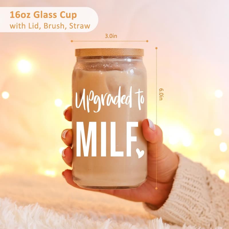 New Mom 16 oz Glass Cup with Lid & Straw - Funny Gift