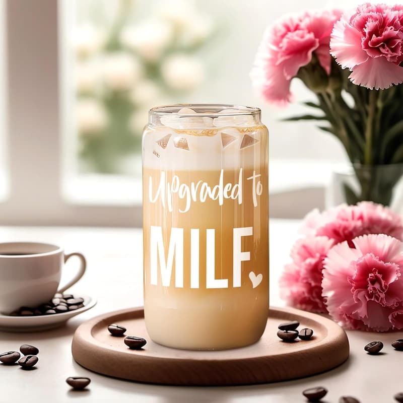 New Mom 16 oz Glass Cup with Lid & Straw - Funny Gift