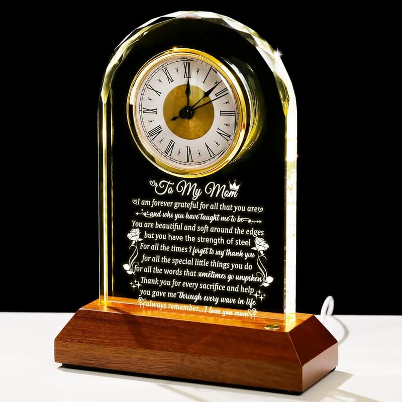 Personalized Glass Clock with Wooden Base for Mom's Birthday