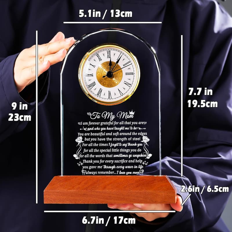 Personalized Glass Clock with Wooden Base for Mom's Birthday