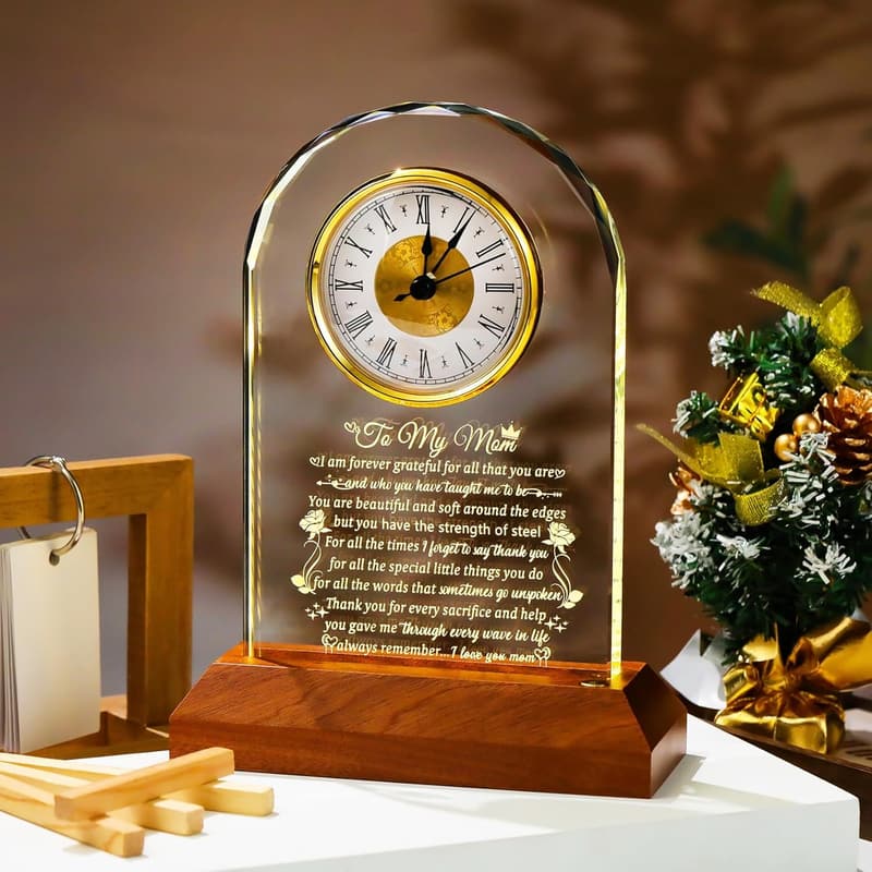 Personalized Glass Clock with Wooden Base for Mom's Birthday