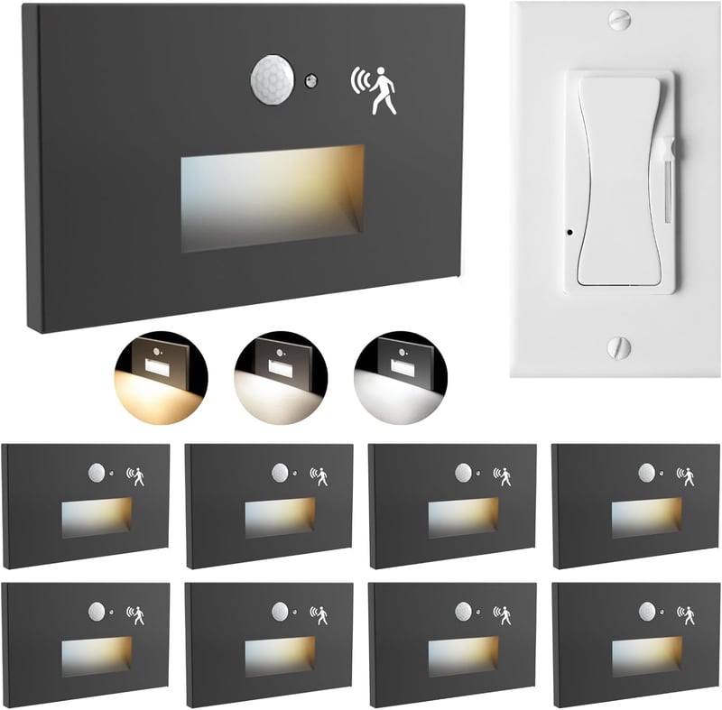 Black Motion Sensor LED Step Lights, 3 Color Dimmable, 8 Pack