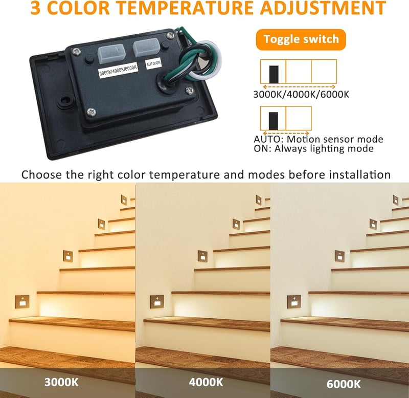 Black Motion Sensor LED Step Lights, 3 Color Dimmable, 8 Pack