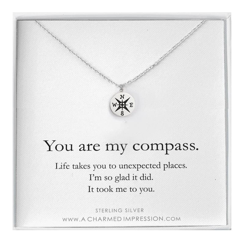 Silver Compass Charm Necklace for Her - Handmade Gift