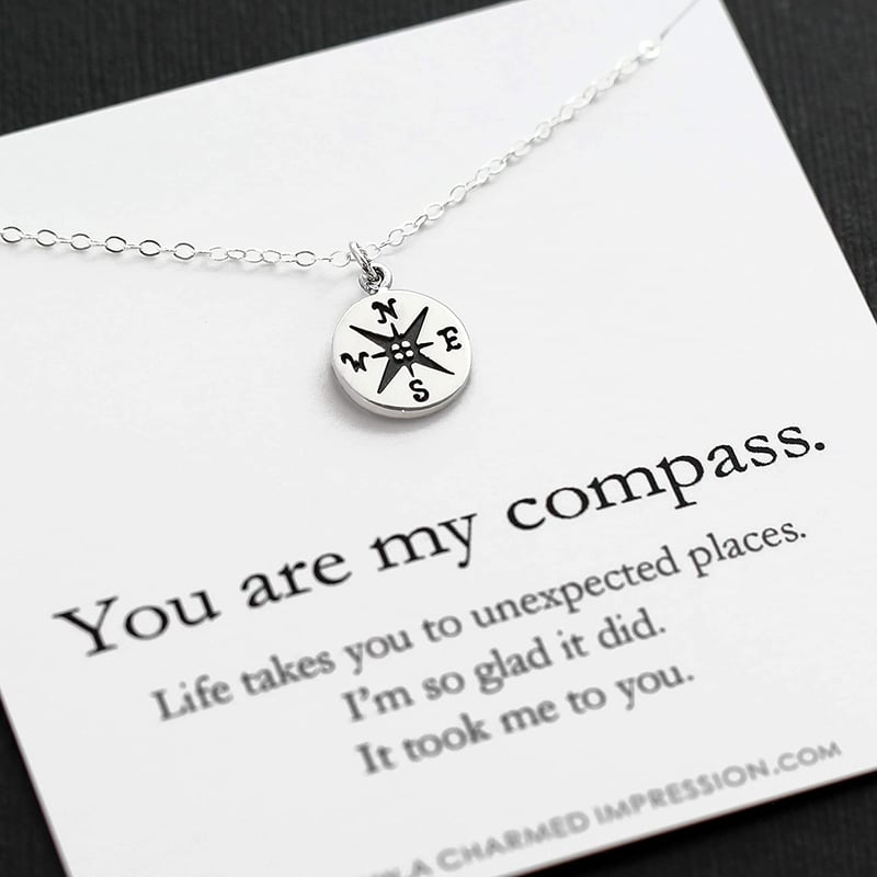 Silver Compass Charm Necklace for Her - Handmade Gift
