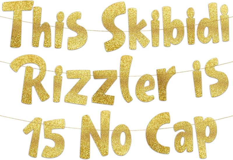 15th Birthday Gold Glitter Skibidi Rizzler Banner
