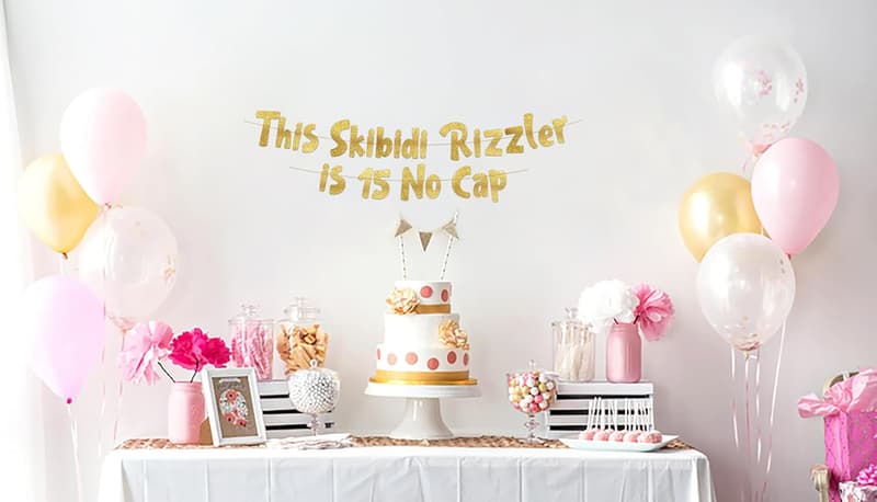 15th Birthday Gold Glitter Skibidi Rizzler Banner