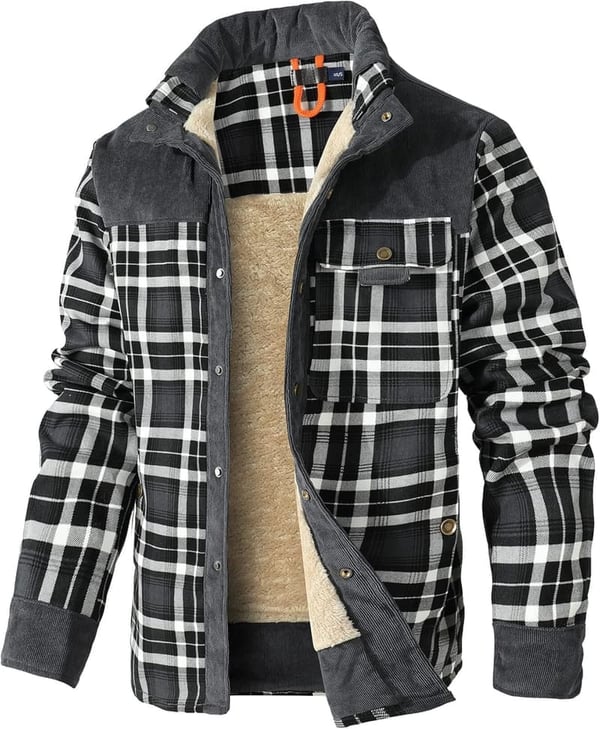 Men's Corduroy Plaid Flannel Shirt Jacket with Sherpa Lining