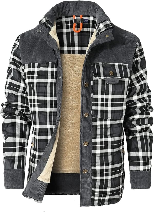 Men's Corduroy Plaid Flannel Shirt Jacket with Sherpa Lining