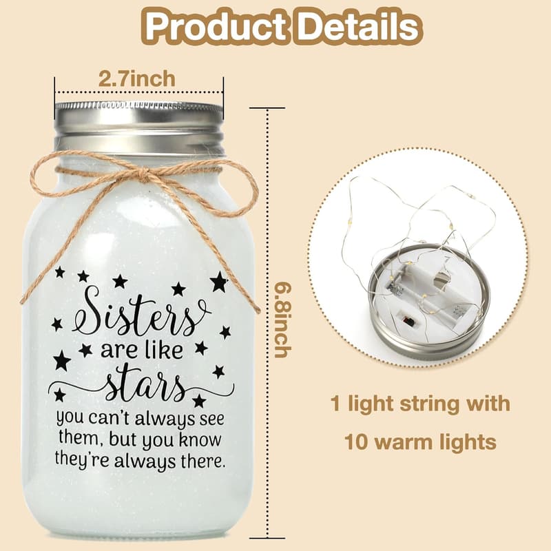 Sister Birthday Gift - Mason Jar Night Light with Warm Lights